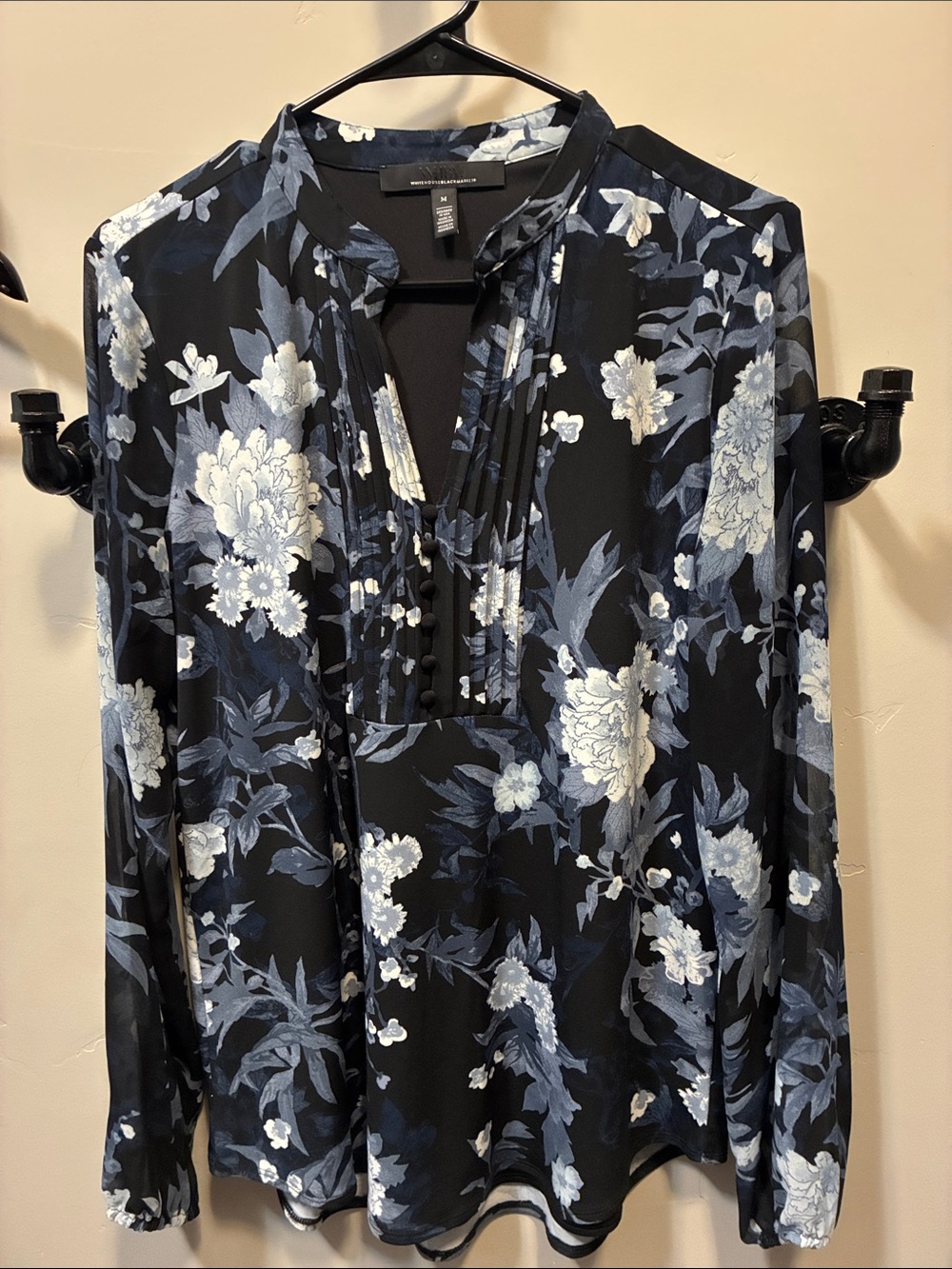 White House Black Market Black Floral Blouse with Blue & White Blooms